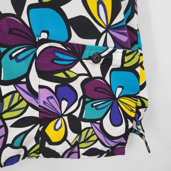 Vintage Scrub Top XL Bright Purple Floral Print Polyester‎ Pockets Silky V Neck - Picture 2 of 4